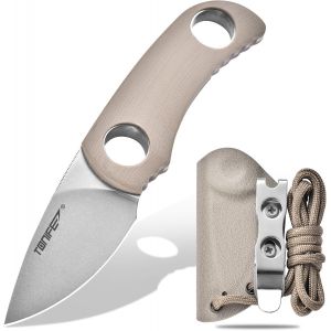 Runer Couteau De Cou Fixe Avec Fourreau Et Lani&egrave;re,4,7cm Lame Full Tang Edc Couteau De Cou Pour L'ext&eacute;rieur (Sable Chaud + Stonewash) - Neuf