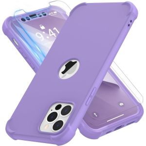 Brs-Coque Pour Iphone 12 Pro Max + 2 Pièces Verre Trempé Protection Écran, 2 En 1 Antichoc Souple Silicone Tpu Arrière Rigide Pc Avant Housse De Protection Pour Iphone 12 Pro Max 6,7"" Lilas - Neuf