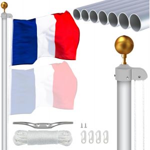 Mevronisshop-M&acirc;t De Drapeau 6m, 5cm Diam&egrave;tre M&acirc;t Lourd En Aluminium Pour Drapeau, M&acirc;t De Drapeau Ext&eacute;rieur &Agrave; Hauteur R&eacute;glable(Argent&eacute;, Sans Drapeau Inclus) - Neuf