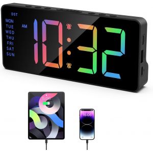 KAL-Réveil Numérique, Horloge Numérique Avec 7''Ecran Led, Reveil Matin Digital Avec 5 Niveaux De Luminosité, 2 Ports Usb, Répétition D'Alarme, Doubles Alarmes Pour Maison - Neuf