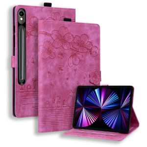&Eacute;tui en cuir emboss&eacute; de chat cartoon Sakura pour Samsung Galaxy Tab S10 FE+, Rose Rouge - Neuf