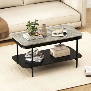 Table Basse Rectangulaire &agrave; 2 Niveaux COSTWAY, Cadre en M&eacute;tal, Plateau en Pierre Fritt&eacute;e, &Eacute;tag&egrave;re de Rangement, Table de Salon Gris - Neuf