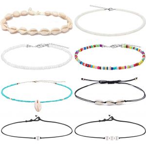 Kal-Lot De 8 Colliers Ras Du Cou Pour Femme - Perles Naturelles - Perles Multicolores - R&eacute;glable - Style Boh&eacute;mien Puka - Fait &Agrave; La Main - Perles Hawa&iuml;ennes - Pour L'&eacute;t&eacute; - Bijoux De Plage - Neuf
