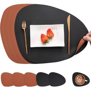 Ulteronixshop-Set de Table et Dessous de Verre, Set de Table Antid&eacute;rapant Double Face Sets de Table Lavable Imperm&eacute;ables Set Table et Dessous de Verre Set Table Plastique (Noir Marron, Lot de 6) - Neuf