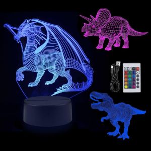 Lampe De Dinosaure 3d Illusion Veilleuse Dinosaure 3d Pour Enfants Avec 3 Motifs Avec 16 Changements De Couleur Et T&eacute;l&eacute;commande Cadeaux Pour Enfants Et Plus Lampe De Chevet Veilleuses - Neuf