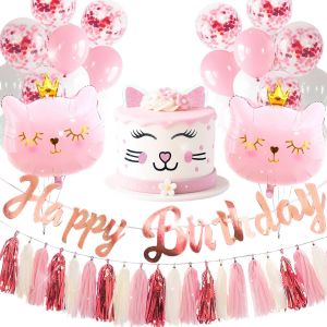 D&eacute;coration De F&ecirc;te D'anniversaire De Chat Cat Balloons Cat Birthday Meow Banner Meow Party Supplies Pink Cat Cake Decoration - Neuf