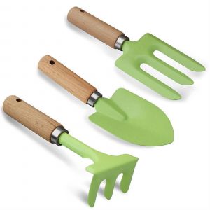 Ensemble d'outils de jardin pour enfants, avec structure en metal et manches en bois, ideal pour creuser et jouer avec les petites mains. - Neuf