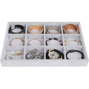 Kyaoayo-Plateau À Bijoux Tiroir, Organisateur De Bijoux À 12 Grilles, Plateau De Présentation De Bijoux En Velours, Rangement De Bijoux Empilable Amovible Pour Montre Boucle D'oreille Bracelet, Gris - Neuf