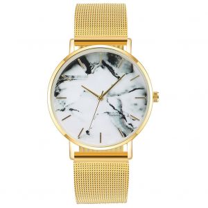 Montre-Bracelet Decontractee A Quartz Pour Homme Et Femme, Avec Bracelet En Maille, Cadran Rond Et Motif Marbre (Dore) - Neuf