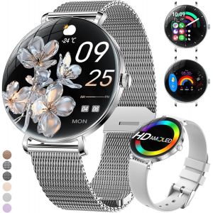 2025 Montre Connect&eacute;e Femme, 1.43"" Amoled Arc Display Smartwatch Argent&eacute; Avec Appels Bluetooth, Fonction F&eacute;minine/Fr&eacute;quence Cardiaque/Spo2, Ip68 &Eacute;tanche 120+ Mode Sport Podom&egrave;tre De Sport Io[Z1285] - Neuf