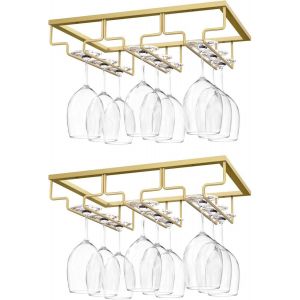 Sjzg-Porte-Verres &Agrave; Pied Suspendu, [2 Pcs] Porte-Verre &Agrave; Vin Suspendu Support De Verre &Agrave; Vin Avec 3 Rails Pour Dessous D'&eacute;tag&egrave;re, Armoire De Verre, Tenture En Chrome, Barre De Cuisine - Or - Neuf