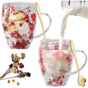 ERYI-Tasses Double Paroi Avec Fleurs Séchées,2 Pièces 350Ml Fleurs Tasse À Thé,Verre Double Paroi,Tasse En Verre Avec Fleur Sèche,Tasse Double Paroi Fleurs Séchées,Pour Le Thé Noir,Les,Le Café Glacé - Neuf