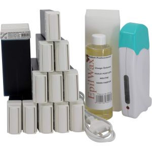 Kit Chauffe Cire &Eacute;pilation Professionnelle Avec 12 X Recharges Roll On Cire &Agrave; L'azul&egrave;ne, 100 X Bandes D'&eacute;pilation Et Huile Apr&egrave;s &Eacute;pilation - Gamme Solo - Neuf