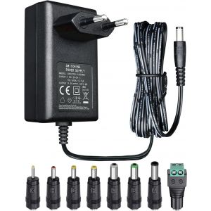 JGD-Adaptateur d'alimentation 9 V 1 A 9 W 1,8 m, Adaptateur de Commutation CA CC (entr&eacute;e 100-240 V, Sortie 9 V 1 A), Prise de transformateur &agrave; Montage Mural avec 8 Prises interchangeables, homologu&eacute; - Neuf