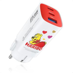 Haribo Chargeur USB C 65W Charge Rapide, Adaptateur Secteur 3 Ports GaN PD/PPS, pour MacBook Air, pour iPhone 17/16/15, iPad, Galaxy S25/S24, Steam, Prise S&eacute;curis&eacute;e avec Terre, Id&eacute;al Cadeau, Rouge - Neuf
