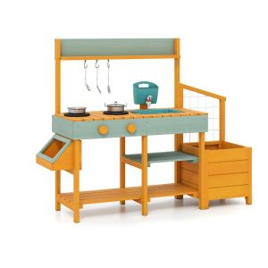 Cuisine d'ext&eacute;rieur pour enfant 115 x 34,5 x 92 cm avec &eacute;vier amovible rangement pratique en bois jaune Helloshop26 20_0017119 - Neuf
