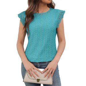 Chemisier En Dentelle À Col Montant Pour Femme, Taille M, Bleu Turquoise - Neuf