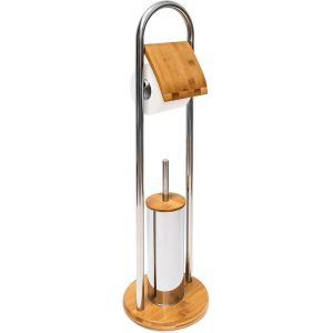 KAL-Ensemble Porte Brosse Wc Support Porte Rouleau Papier Toilette En Bambou Et Inox Brosse Plastique Distributeur Papier Toilette, Nature - Neuf