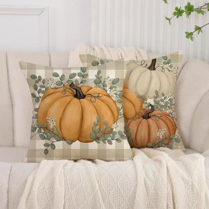 Taie D'oreiller 45x45 Cm Décoration D'automne Feuilles De Citrouille Coussin Décoratif À Carreaux Housse De Coussin De Canapé Câlin Pour Chambre Salon Fauteuil Halloween Thanksgiving Lot De 2 - Neuf