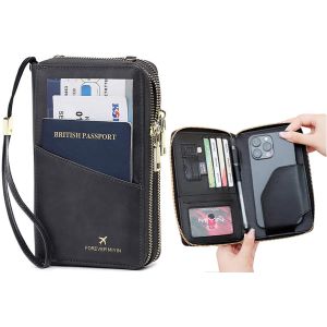 Portefeuille passeport avec protection RFID et dragonne pour filles - Organiseur de documents en cuir PU noir - Neuf