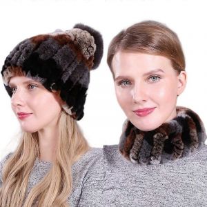 EVAGO Femmes V&eacute;ritable Fourrure De Lapin D'hiver En Tricot Bonnet &Eacute;charpe Ensemble Pour Fille &Eacute;pais Doubl&eacute; Chapeau De Ski Chaud T&ecirc;te De Mort Avec Fox Pom-style 37-enfants-femme - Neuf
