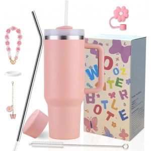 SJZG-Tasse Isotherme Avec Paille Et Couvercles &Agrave; Rabat - Porte-Gobelet Avec 6 Accessoires Pour Boissons Chaudes Et Froides - Anti-Fuite - Eau, Caf&eacute; - Tasse De Voyage Portable - Corail - Neuf