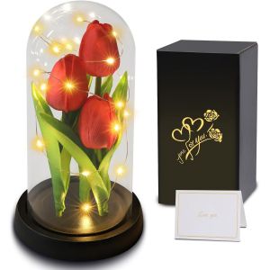 No&euml;l Cadeau Femme Tulipe Eternelle sous Cloche avec LED, Fleur Eternelle sous Cloche, Forever Tulip Fleurs artificielles Cadeaux Maman M&egrave;re Grand-m&egrave;re, Idee Cadeau pour Anniversaire, Mariage - Neuf