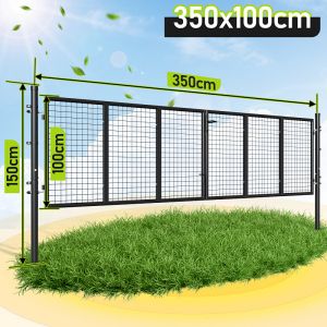 Portail De Jardin Double Battant - Anthracite, 350x100cm - Portillon Grillag&eacute; - Avec Poign&eacute;e, Serrure, Cl&eacute;s Et Verrouillage Au Sol - Acier Galvanis&eacute; - Neuf