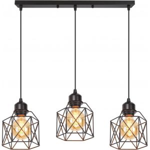 Kal-Suspension Luminaire Industrielle 3 Lampes Vintage E27 Lustre Abat-Jour En Métal Design Pour Salon Chambre Cuisine (Noir-C) - Neuf