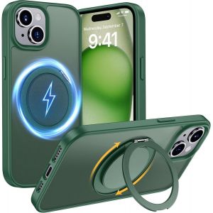 Kal-Coque Pour Iphone 15 6,1 Pouces Compatible Avec Magsafe, Housse Antichoc Mate Pour Téléphone Portable Avec Support Invisible, Etui Protection Arrière Anti-Rayures (Vert) - Neuf