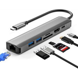 TTA-Hub USB C 7 en 1, Adaptateur USB C vers Ethernet LAN RJ45, HDMI 4K, PD 100W, Port USB 3.0 2.0, Lecteur de Carte SD TF, Adapteur Multiport Dock, Multi Adapter pour MacBook Air iPad Pro Samsung - Neuf
