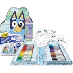 Mallette de Couleurs et Autocollants Bluey,Jeu de Feutres,Pages &agrave; Colorier,Autocollants,45 pi&egrave;ces,Cadeau Cr&eacute;atif pour Enfants,&agrave; partir de 5 Ans,04-0784 - Neuf