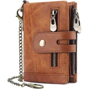Tan - Portefeuille en cuir pour homme, porte-monnaie pour homme, portefeuille classique avec chaîne et fermeture éclair (1 pièce) - Neuf