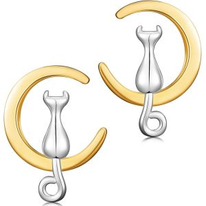 Kal-Boucles D'oreilles Clous En Argent Sterling 925 Boucles D'oreilles Chat Lune Boucles D'oreilles Animaux Pour Femme Adolescent Fille - Neuf