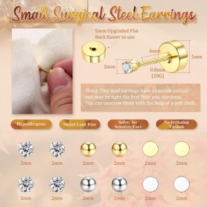 Kalanka-18 Paires Petites Boucle D'oreille Acier Inoxydable Hypoallerg&eacute;nique Lot Boucles D'oreilles Femme Argent Or Boucles D'oreilles Cartilage Zircon Balle Clou D'oreille Piercing Bijoux 2/3/4mm - Neuf