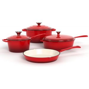 Ulteronixshop-Lot De 7 Casseroles En Fonte &Eacute;maill&eacute;e Induction Rouge Casseroles Et Po&ecirc;les Antiadh&eacute;sif, Cocotte Fonte &Eacute;maill&eacute;e Avec Couvercle Non Toxique Batterie De Cuisine Tous Feux - Neuf