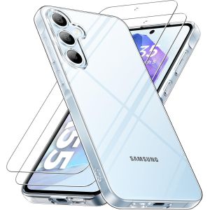 Kal-Coque Pour Samsung Galaxy A55 Avec 2 Verre Trempé, Anti-Jaune Étui De Protection Antichoc Anti-Rayures,Transparente Tpu Silicone Bumper Case Pour Galaxy A55, Transparent - Neuf