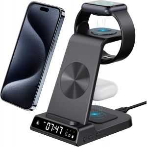 JGD-Station de Charge Apple 3 en 1 avec Horloge num&eacute;rique, Chargeur Induction iphone Rapide 18W pour iPhone 15 14 13 12 Series, Chargeur sans Fil pour Air pods Pro 2, Wireless Charger pour Apple Watc - Neuf
