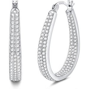 Boucles D'oreilles Créoles En Argent Sterling 925 Pour Femme Fille Avec Zircon Cubique Clair Boucles D'oreilles Créoles Ovales En Argent Noir Plaqué Or 14 Carats - Neuf