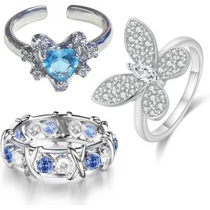 Kahfl-Lot Bague Femme-3pcs Boho Bague Ajustable Pour Femme,Bagues Empilables,Bague Ensemble Pour Femmes,Bague Fantaisie Femme,Bague Breloque,Bague Acier Inoxydable Femme Bague Fille Couleur Bleue - Neuf