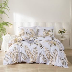 Cheng-Parure De Lit 2 Pi&egrave;ces - En Microfibre Douce - Avec Housse De Couette De 135 X 200 Cm Et Taie D'oreiller De 80 X 80 Cm - Dor&eacute;/Blanc - Motif Feuilles Dor&eacute;es Et Blanches - Neuf