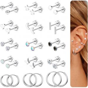 Kal-15 Paires Boucles D'oreilles Femme Acier Inoxydable Zirconia Opale Lune Étoiles Boucles D'oreilles Argent/Or Piercing Oreille Cartilage Boucles D'oreilles Créoles Pour Multiples Piercings - Neuf