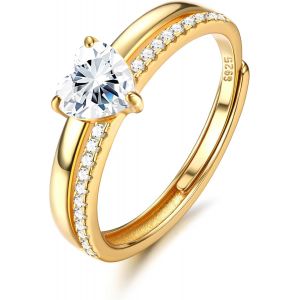 Kal-Bague Argent 925 Femme Bague Coeur Brillant Cz Bague Plaqué Or 18k Empilables Alliance Femme Bague De Fiancailles Bague Promesse Mariage Bague Pouce Reglable Bague Femme Argent/Or/Or Rose - Neuf