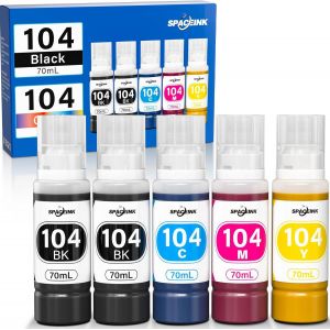 Encre 104 Cartouche d'Encre compatible avec Epson EcoTank ET-2862 ET-4800 ET-2820 ET-2830 ET-2840 ET-2821 ET-1810 ET-2720,104 Encre Multipack (5 flacons de 70ml,2Noir,Cyan,Magenta,Jaune) - Neuf