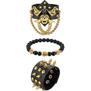 Eryi-Bracelet Cuir Chapelet Bouddhique Perle Homme Corde Réglable Alliage Poignet Capitaine Pirate Tête Mort Crâne Rivet Punk Rock Bijoux Fantaisie Couleur Noir Or - Neuf