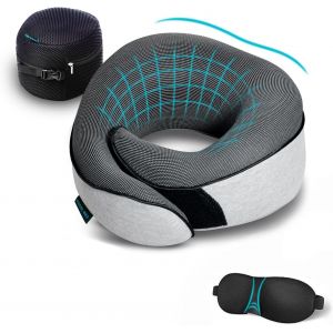 Coussin De Voyage-Oreiller De Voyage,100% Mousse À Mémoire De Forme,Coussin Pour Avion Train,Avec 1 Masque Pour Yeux 3d,1 Sac En Maille De Haute Qualité,Gris - Neuf