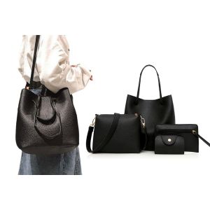 Ensemble de 4 pi&egrave;ces pour femme en cuir PU : sac cabas noir, sac bandouli&egrave;re, portefeuille et porte-cartes. - Neuf