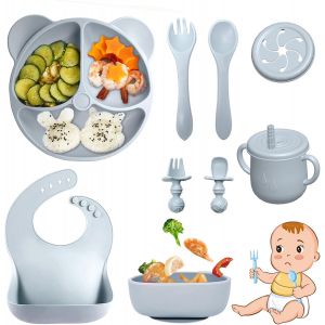 Kal-Coffret Repas Bebe 9 Pièces, Vaisselle Antiderapant Pour Bébé Set Silicone Avec Ventouse Assiette Bol Fourche Cuillère Bavoir Et Tasse, Assiette Enfant Set, Sans Bpa (Gris) - Neuf