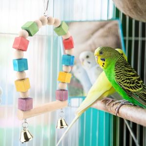 Hjlian Hamac En Bois Colore Pour Perroquet Et Oiseau, Balancoire, Jouet, Support Suspendu Avec Cloche - Neuf