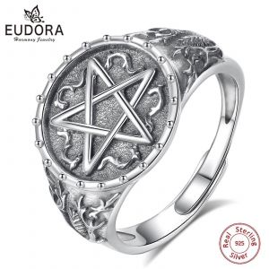 Eudora Argent Pentagramme Bague R&eacute;glable Pour Hommes Amulette Vintage Gardien &Eacute;toile T&eacute;tragramme Bague Sorci&egrave;re Bijoux Cadeau - Neuf